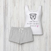 60 SECOND MAKEOVER Women's Staffy I Work Hard So My Staffy Can Have A Better Life Pyjama Set PJ's in Grey | Size: Small
