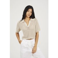 Brave Soul Women's Pointelle Knit Collared T-Shirt in Stone | Size: XS