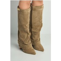 Miss Diva Women's Izel Block Heel Pointy Toe Gold Trim Buckle Ruched Boots in Taupe | Size: 3