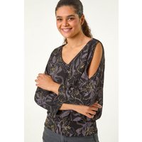 Sparkle Floral Print V Neck Banded Hem Top