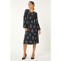Roman Women's Heart Print Tea Stretch Midi Dress in Black | Size: 10