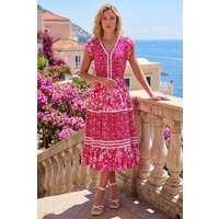 Roman Women's Floral Contrast Stitch Midi Dress in Pink | Size: 20