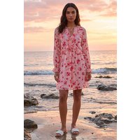 Rose Print Ruffle V Neck Smock Dress Light