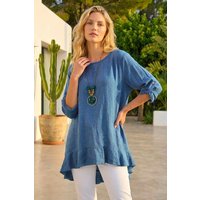 Roman Women's Necklace Frill Hem Tunic Top in Blue | Size: Large