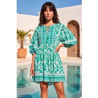 Roman Women's Tie Front Border Print Tassel Dress in Turquoise | Size: 10