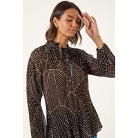 Spot Print Tie Neck Pleated Top