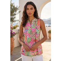 Tropical Leaf Print Pintuck Top