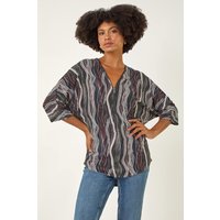 Abstract Print Zip Front Stretch Top