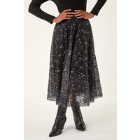Roman Women's Printed Lace Overlay Skirt in Black | Size: 14