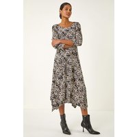 Printed Hanky Hem Stretch Midi Dress