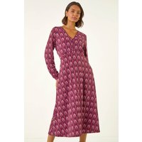 Roman Women's Geo Print V-Neck Stretch Midi Dress in Red | Size: 10