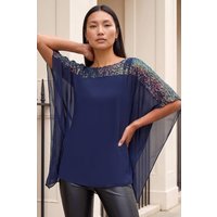 Roman Women's Sequin Yoke Contrast Chiffon Top in Navy | Size: 12