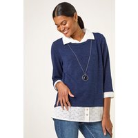 Mock Broderie Shirt Contrast Necklace Top