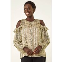 Snake Print Frill Cold Shoulder Top