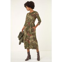 Roman Women's Paisley Print Stretch Midi Dress in Khaki | Size: 16