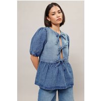 PixieGirl Women's Petite Denim Peplum Top in Blue | Size: 6