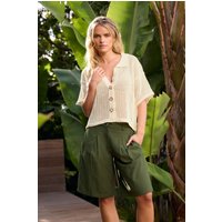 PixieGirl Women's Petite Linen Bermuda Shorts in Light Khaki | Size: 12
