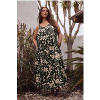 Evans Women's Floral Print Pleat Front Linen Dress in Black | Size: 22-24