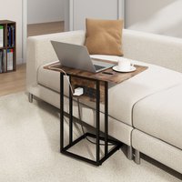HOMCOM C Shaped Side Table with Charging Station & Foldable Top in Brown