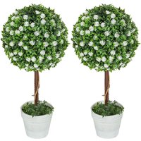 HOMCOM Set of 2 Artificial Plants with Rose Flower in Pot, 60cm in White
