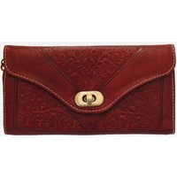 Berber Leather Women's Tri-Fold Embossed Leather Purse in Dark Red