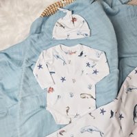 Minky Myles Newborn Baby Sea Life Long Creature Sleeve Bodysuit Vest in White | Size: 6-12 m