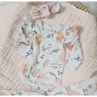Minky Myles Girl's Newborn Baby Floral Bodysuit With Frill Long Sleeve in White | Size: 6-12 m