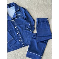 Lulabay Personalised Satin Long Pyjamas in Navy | Size: 9-10 Years