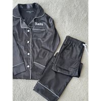 Lulabay Personalised Satin Long Pyjamas in Black | Size: 3-4 Years