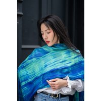 Silk and Bears Women's Hand-Dyed Silk Scarf - Parrot Green & Royal Blue Brushstroke, 100% Lightweight Mulberry Silk in Bright Green