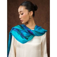 Silk and Bears Women's Peacock Blue Brushstroke Silk Scarf - Hand-Dyed Mulberry Silk Shawl Wrap, Artisan Gift in Turquoise