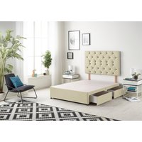 Somnior Premier Divan Bed Base With 2 Drawers & Upholstered Headboard Linen Fabric in Cream | Size: Double