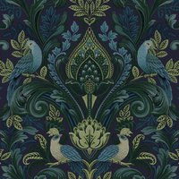 Grandeco Peacock & Leaf Scrolls Opulent Damask Textured Wallpaper in Green