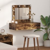 Berkfield Home Wall Hanging Dressing Table with LED Lights Smoked Oak in Brown