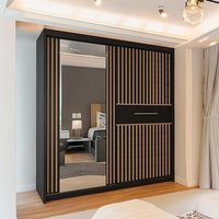 MN Furniture Modern Sliding Wardrobe with Oak Strips & LED Light 150x217cm in Black | Size: 150x217 cm