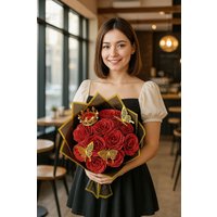 Dragodirect Artificial 12 Blue Rose Flower Bouquet With Glitter Crown Butterfly Wedding Party Decoration in Dark Red
