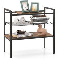 Costway 3-Tier Industrial Entryway Table Sofa Side Table W/ Removable Panel & Mesh Shelf in Brown