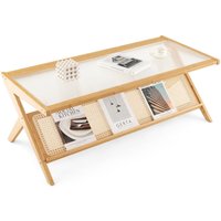 Costway 2-Tier Rectangular Coffee Table Modern Center Bamboo Table with Glass Tabletop in Natural