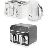 Geepas 8L Dual Basket Air Fryer, 1.7L Kettle & 4 Slice Toaster Appliances Set in White
