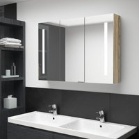 Berkfield Home LED Bathroom Mirror Cabinet 89x14x62 cm Oak in Grey | Size: 89 x 14 x 62 cm