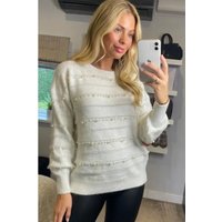 CY Women's Soft Knit Jumper With Fuax Pearl Design in White