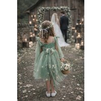 UK Flower Girl Boutique Girl's Enchanted Angel Dress - Embroidered Fern in Light Green | Size: 3-4 Years