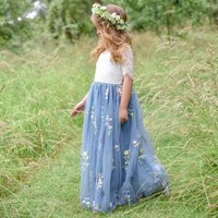 UK Flower Girl Boutique Girl's Enchanted Dress - Dusty Blue / White Chantilly Lace in Pale Blue | Size: 1-2 Years
