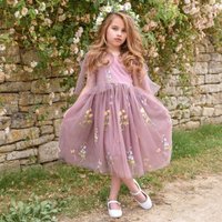 UK Flower Girl Boutique Girl's Enchanted Angel Dress - Embroidered Heather in Mauve | Size: 5-6 Years
