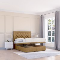 Sloomy Montana Plush Fabric Ottoman Bed End Opening With Sprung Memory Mattress & 26 Inch strut Headboard in Light Brown | Size: Super King