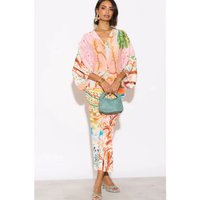 Leaves & Floral Scarf Pirnt Pleated Dress Kimono Sleeves Pink S M