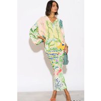 Leaves & Floral Scarf Pirnt Pleated Dress Kimono Sleeves S M