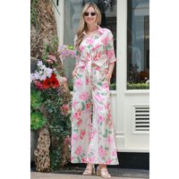 CY Women's Multi Floral Print Cotton Blend Short Sleeves & Trousers Co-Ords Suits In Pink | Size: Medium/Large