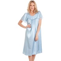 Lady Olga Women's British Made Short Sleeved Satin Nightdress With Lace Detail in Pale Blue | Size: 10-12