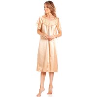 Lady Olga Women's British Made Short Sleeved Satin Nightdress With Lace Detail in Gold | Size: 22-24